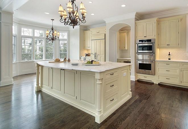 close-up of textured laminate floors in a kitchen in Atwater, OH